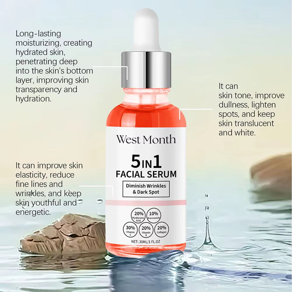 5 in 1 Face Serum Moisturizing Whitening anti Wrinkle Aging Vitamin C Hyaluronic Acid Facial Serum Shrink Pores Skin Care 30Ml